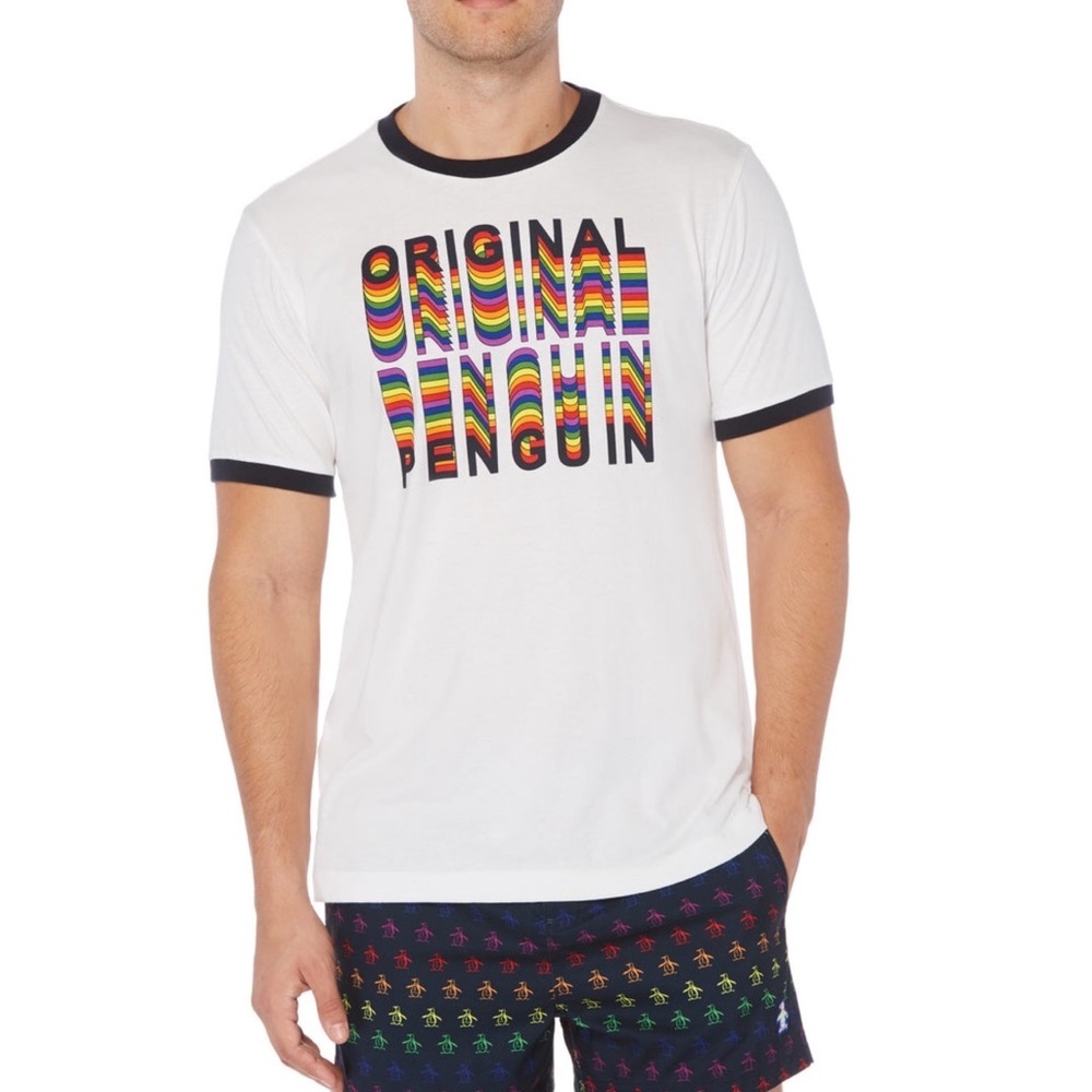 NEW Original Penguin‎ Pride Rainbow Logo T-Shirt Bright White Tee Size Large L